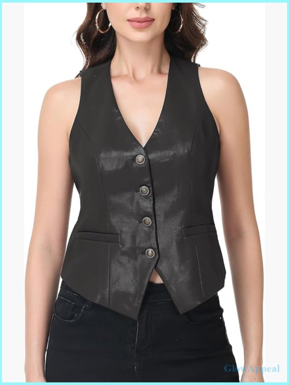 PU Leather Vest Top Button Down V Neck Sleeveless Business Casual Jacket